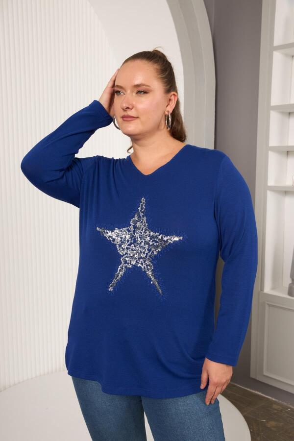 Büyük Beden Yıldız pul payet nakış detay bluz saks - 2