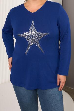 Büyük Beden Yıldız pul payet nakış detay bluz saks - 3