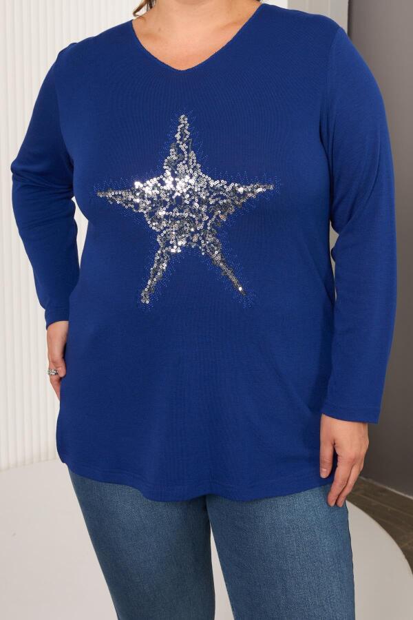 Büyük Beden Yıldız pul payet nakış detay bluz saks - 3