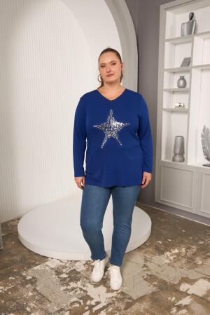 Büyük Beden Yıldız pul payet nakış detay bluz saks - 6