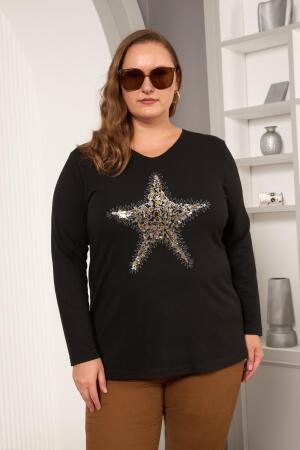 Büyük Beden Yıldız pul payet nakış detay bluz siyah - RMG