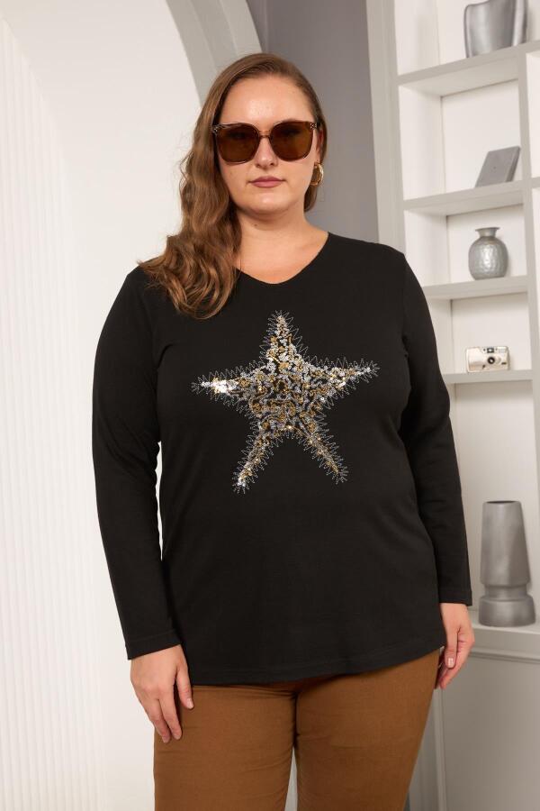 Büyük Beden Yıldız pul payet nakış detay bluz siyah - 1