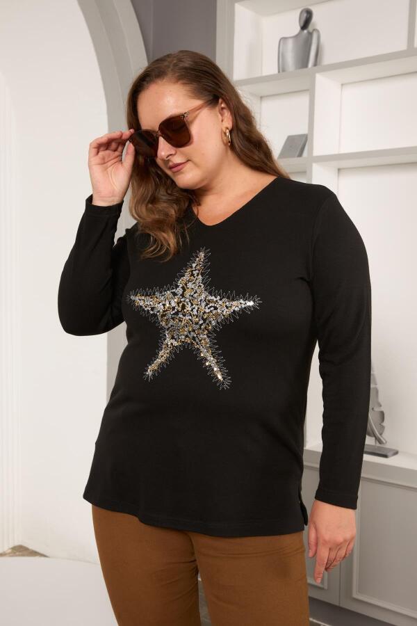 Büyük Beden Yıldız pul payet nakış detay bluz siyah - 2