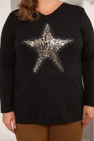 Büyük Beden Yıldız pul payet nakış detay bluz siyah - 5