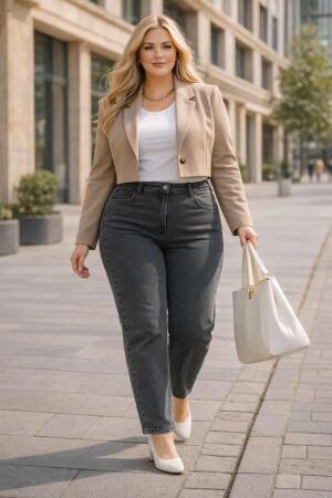 Büyük Beden Yüksek Bel Boru Paça Likralı Kadın Pantolon - 4