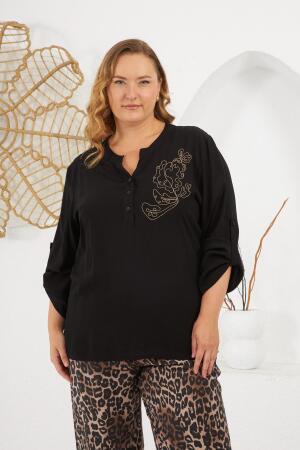 Büyük Beden Zincir İşlemeli Bluz Siyah - RMG