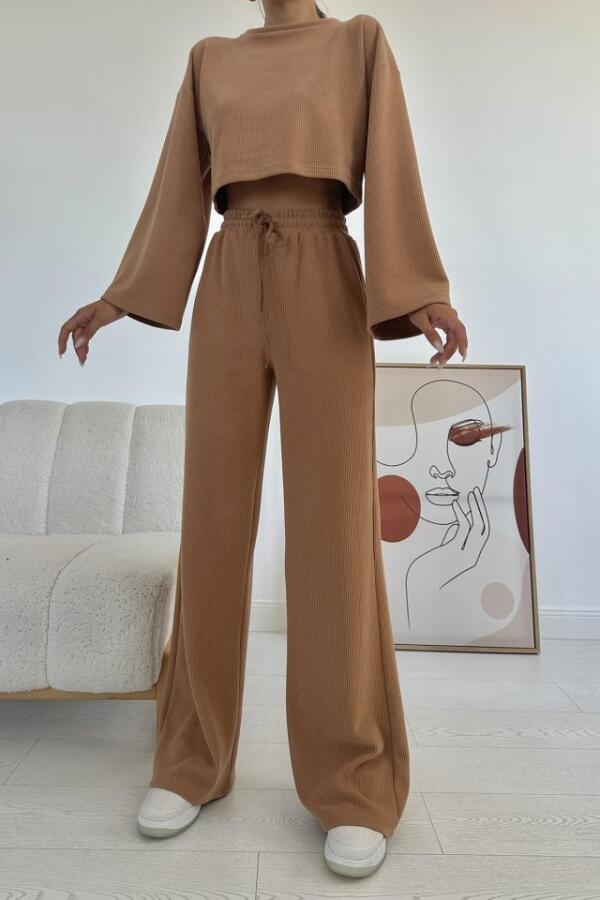 Camel Fitilli Bluz Ve Pantolon Takım - 4