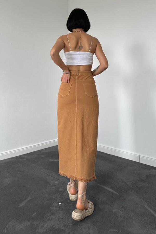 Camel Gabardin Boyamalı Püsküllü Etek - 2