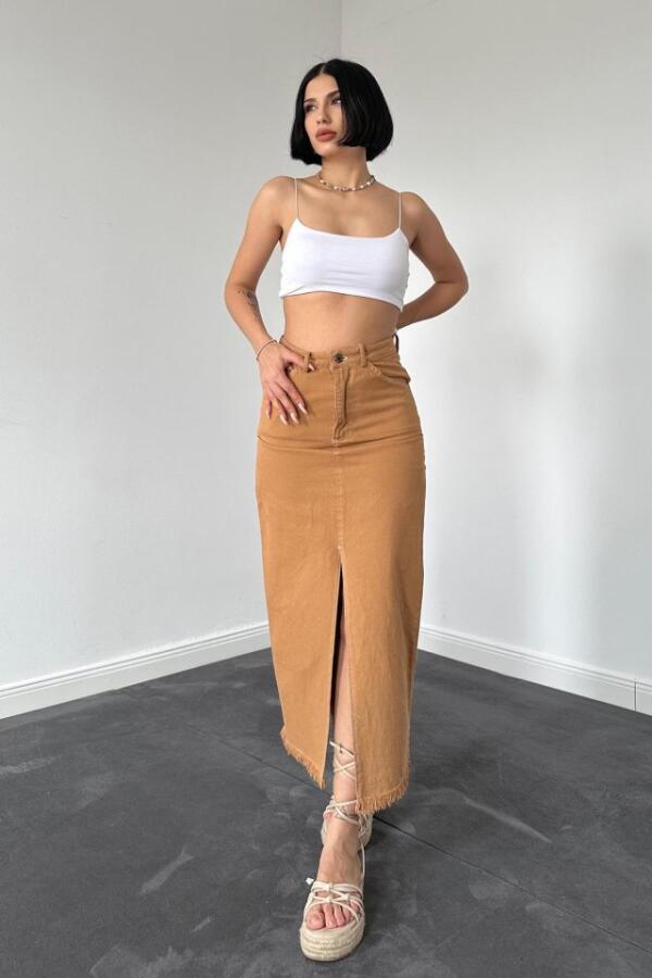 Camel Gabardin Boyamalı Püsküllü Etek - 1