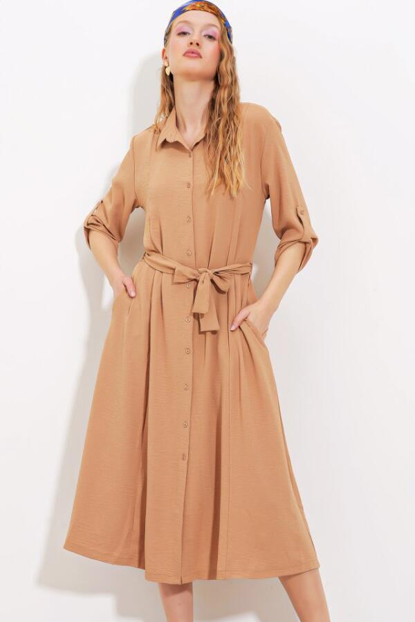 Camel Kuşaklı Gömlek Elbise 2442 - 2