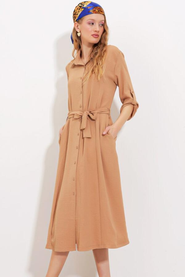 Camel Kuşaklı Gömlek Elbise 2442 - 4