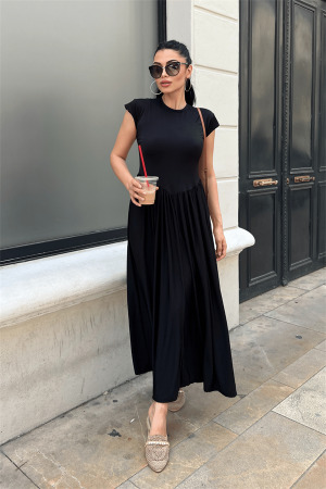 Çelik İnterlok Kumaş Büzgü Detaylı Maxi Elbise - SİYAH - Angelino Moda