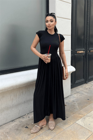 Çelik İnterlok Kumaş Büzgü Detaylı Maxi Elbise - SİYAH - Angelino Moda (1)