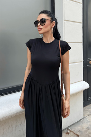 Çelik İnterlok Kumaş Büzgü Detaylı Maxi Elbise - SİYAH - 3