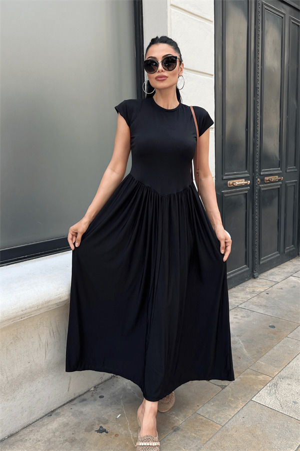 Çelik İnterlok Kumaş Büzgü Detaylı Maxi Elbise - SİYAH - 4