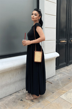 Çelik İnterlok Kumaş Büzgü Detaylı Maxi Elbise - SİYAH - 5