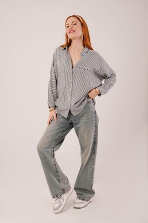 Cep Detay Çizgili Oversize Gri Gömlek - ANGELINO BuyukBedeniz (1)