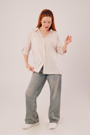 Cep Detay Çizgili Oversize Krem Gömlek - ANGELINO BuyukBedeniz (1)