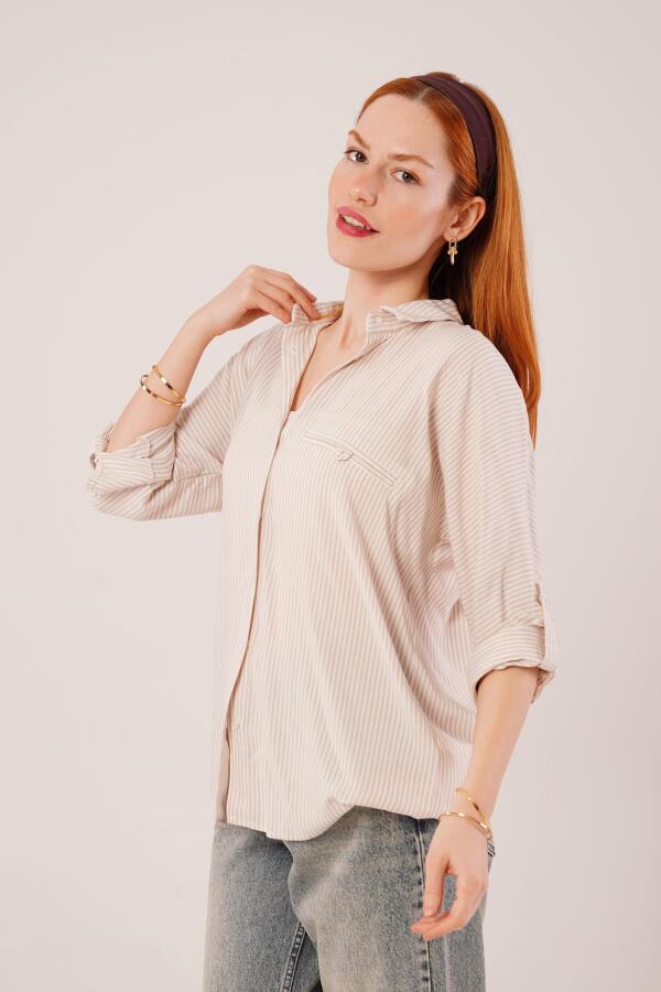 Cep Detay Çizgili Oversize Krem Gömlek - 3