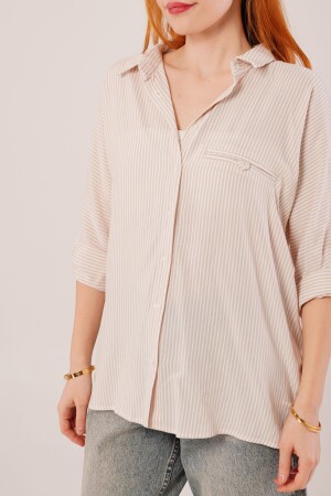 Cep Detay Çizgili Oversize Krem Gömlek - 4