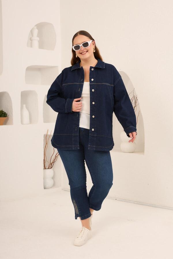 Cep Detaylı Büyük Beden Kadın Kot Ceket Lacivert - 5