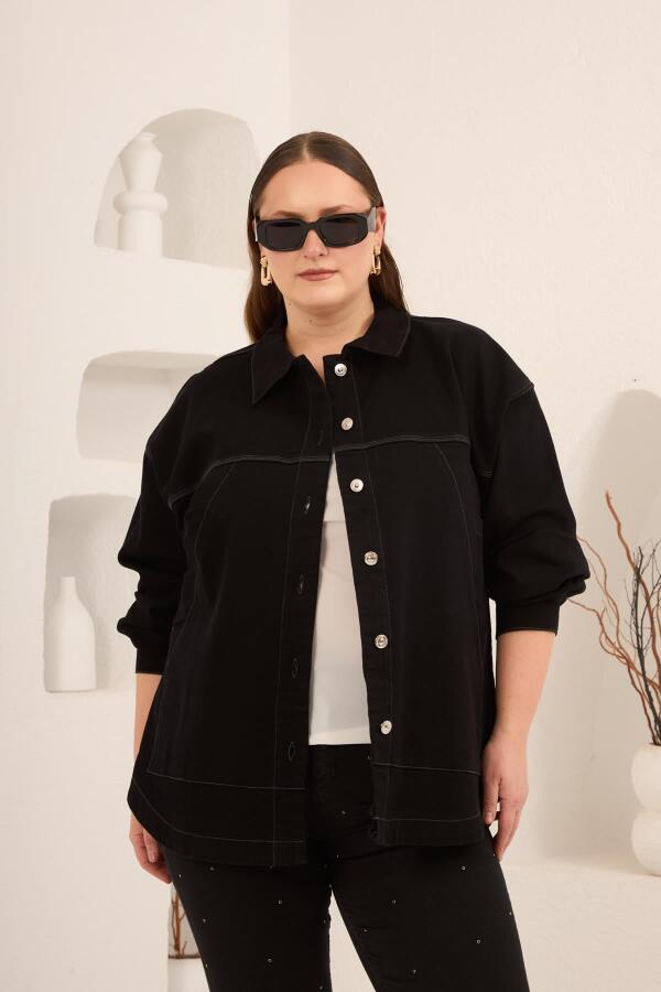 Cep Detaylı Büyük Beden Kadın Kot Ceket Siyah - 1