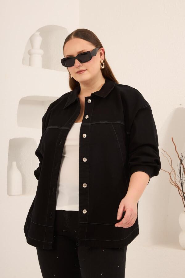 Cep Detaylı Büyük Beden Kadın Kot Ceket Siyah - 3