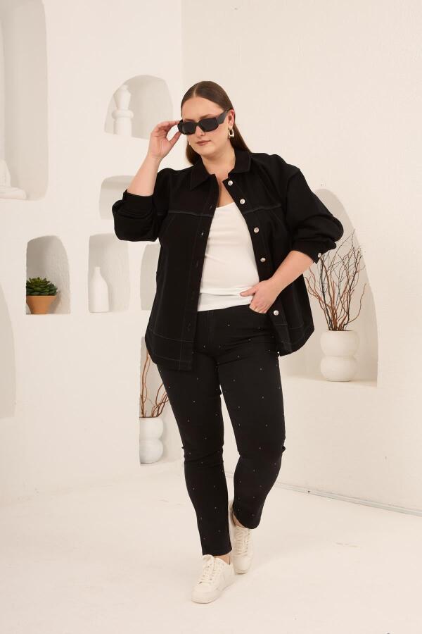Cep Detaylı Büyük Beden Kadın Kot Ceket Siyah - 4