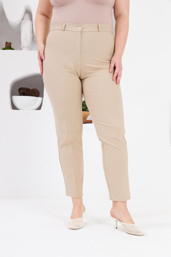 Cep Detaylı Büyük Beden Kumaş Pantolon Krem - 3