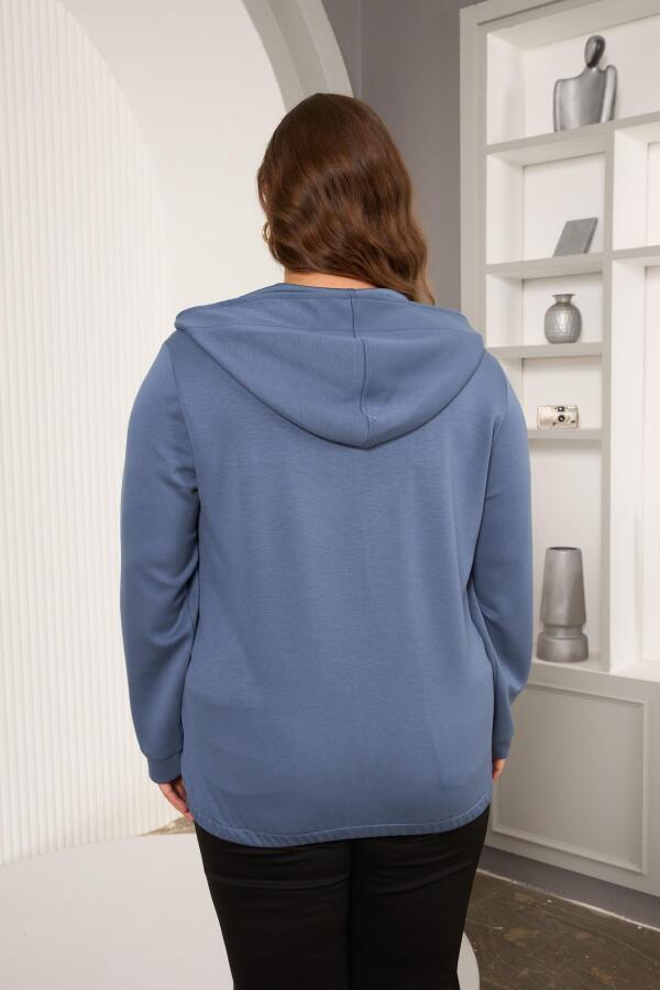 Cep Detaylı Büyük Beden Sweatshirt İndigo - 4