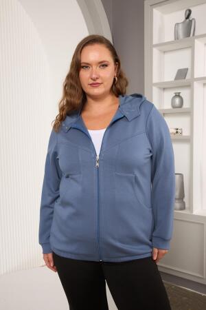 Cep Detaylı Büyük Beden Sweatshirt İndigo - 1
