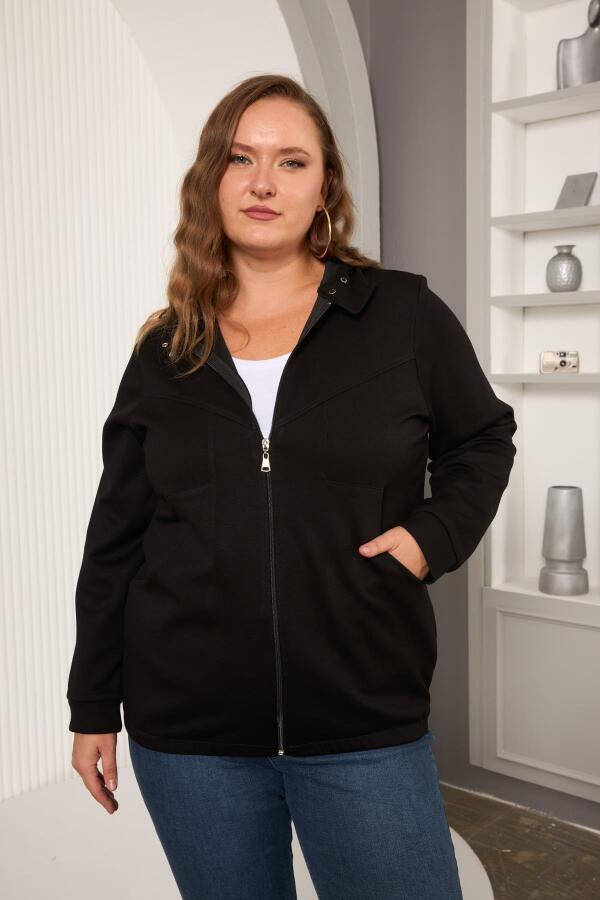 Cep Detaylı Büyük Beden Sweatshirt Siyah - 1