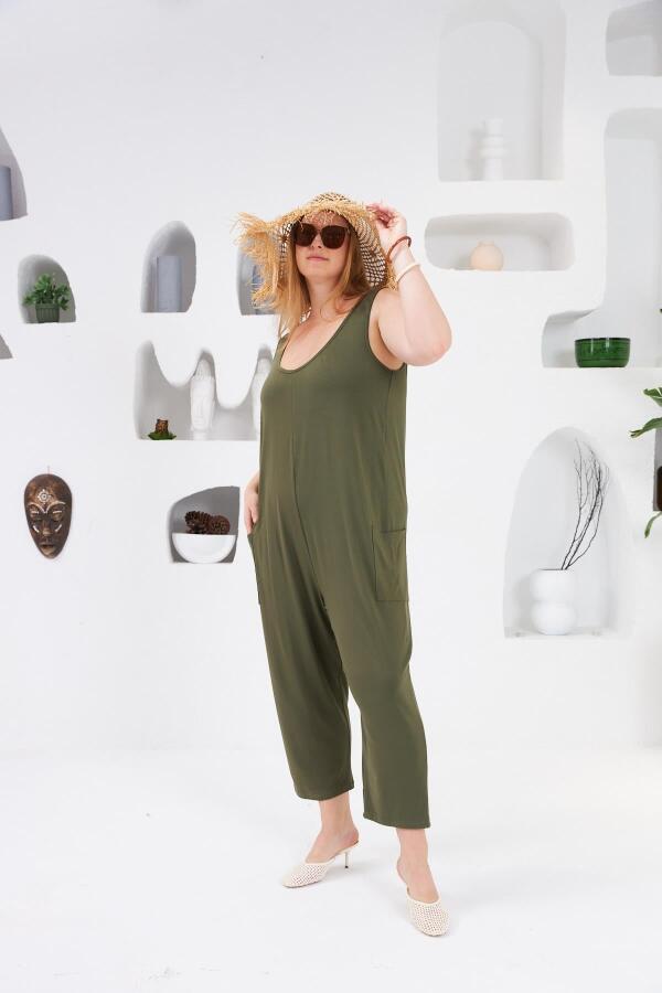 Cep Detaylı Büyük Beden Tulum Haki - 4