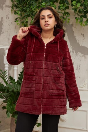 Cep Detaylı Büyük Beden Uzun Bordo Peluş Mont - 1