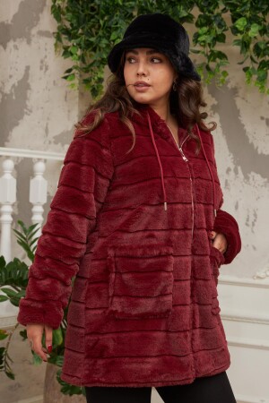 Cep Detaylı Büyük Beden Uzun Bordo Peluş Mont - 2