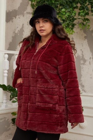Cep Detaylı Büyük Beden Uzun Bordo Peluş Mont - 3