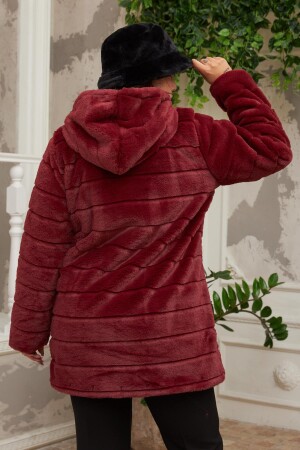 Cep Detaylı Büyük Beden Uzun Bordo Peluş Mont - 4