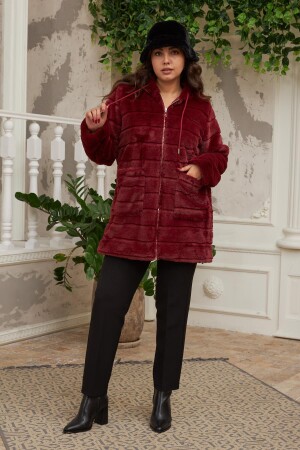 Cep Detaylı Büyük Beden Uzun Bordo Peluş Mont - 5
