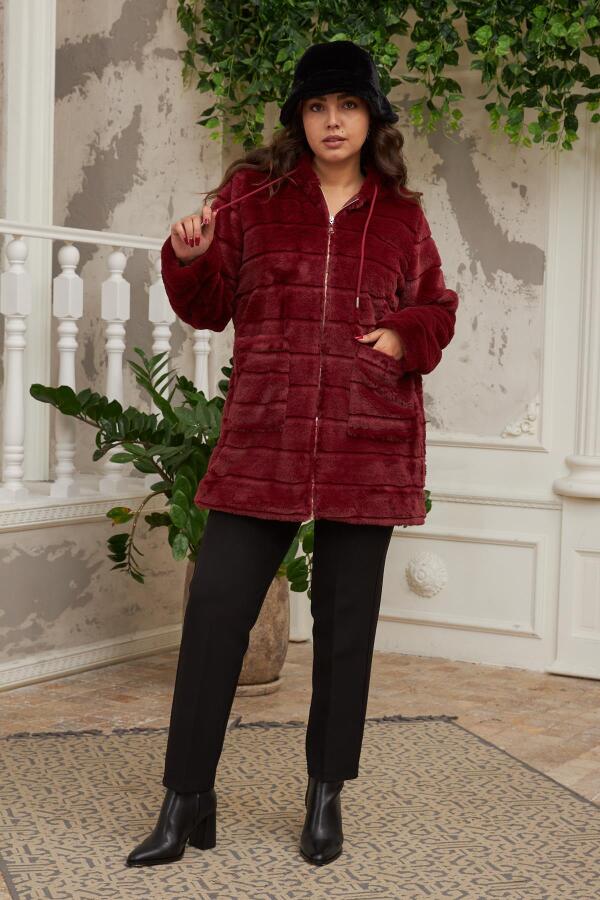 Cep Detaylı Büyük Beden Uzun Bordo Peluş Mont - 5