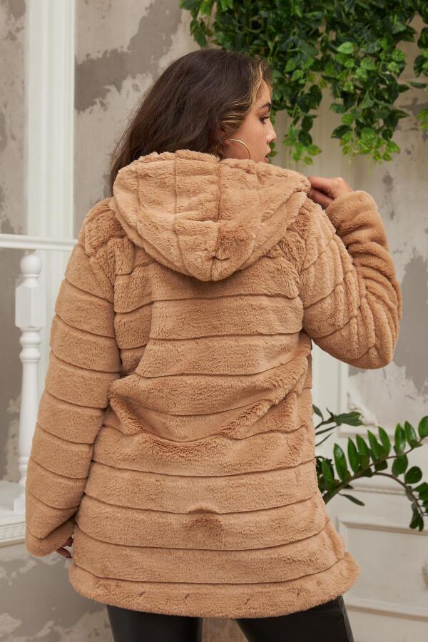 Cep Detaylı Büyük Beden Uzun Taba Peluş Mont - 9