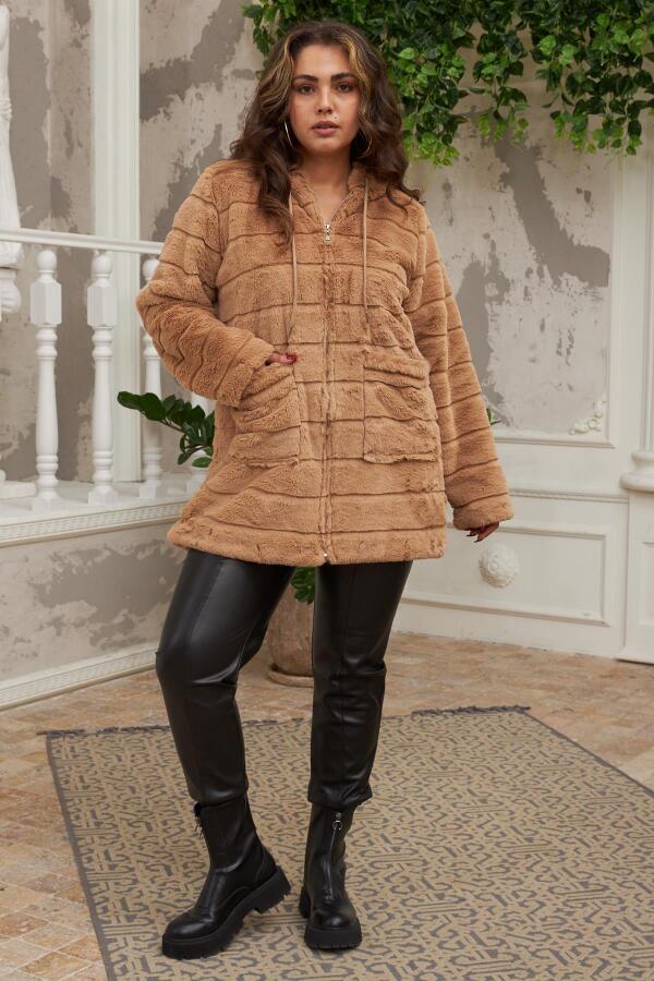 Cep Detaylı Büyük Beden Uzun Taba Peluş Vizon - 5