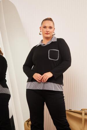 Cep Detaylı Ekoseli Büyük Beden Siyah Gömlek Bluz - RMG