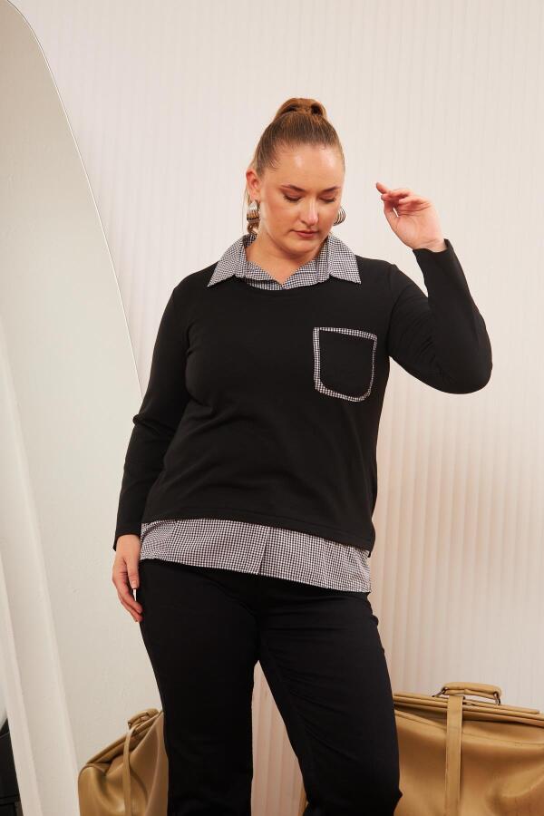 Cep Detaylı Ekoseli Büyük Beden Siyah Gömlek Bluz - 2