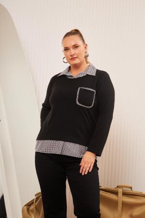 Cep Detaylı Ekoseli Büyük Beden Siyah Gömlek Bluz - 3