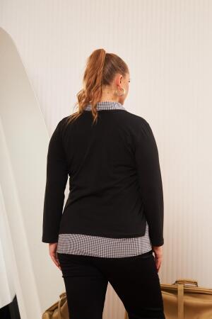Cep Detaylı Ekoseli Büyük Beden Siyah Gömlek Bluz - 4