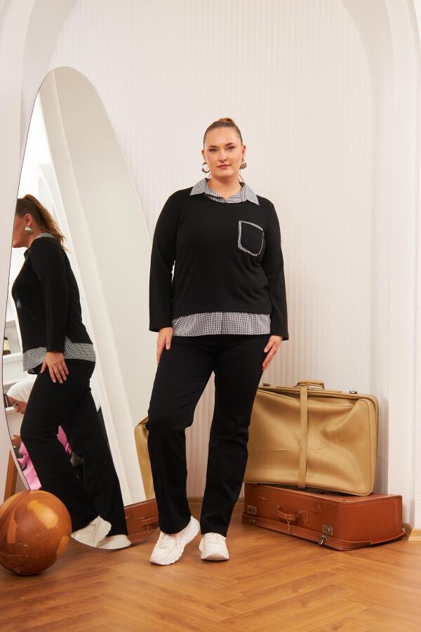 Cep Detaylı Ekoseli Büyük Beden Siyah Gömlek Bluz - 5