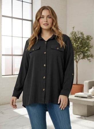 Cep Detaylı Kadın Büyük Beden Gömlek Siyah - RMG