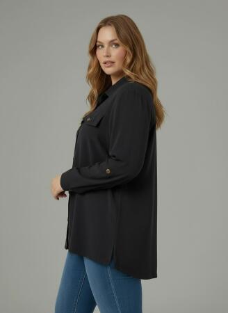 Cep Detaylı Kadın Büyük Beden Gömlek Siyah - RMG (1)