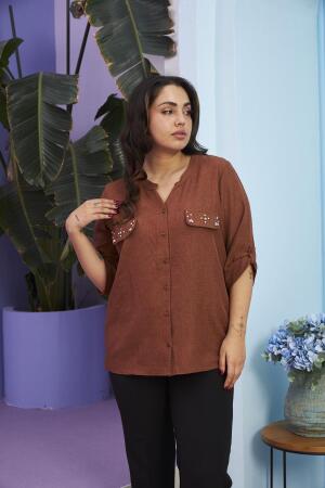 Cep Kapak Taş Detaylı Büyük Beden Kahve Gömlek - RMG