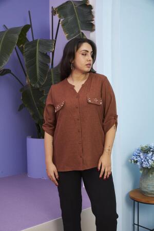 Cep Kapak Taş Detaylı Büyük Beden Kahve Gömlek - RMG (1)